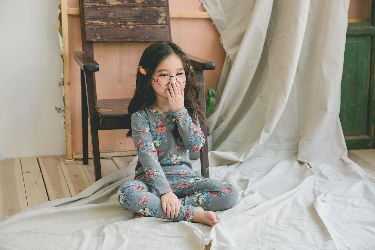 Girls Vibrant Grey Flower Pyjama Set (18mths-9yrs)